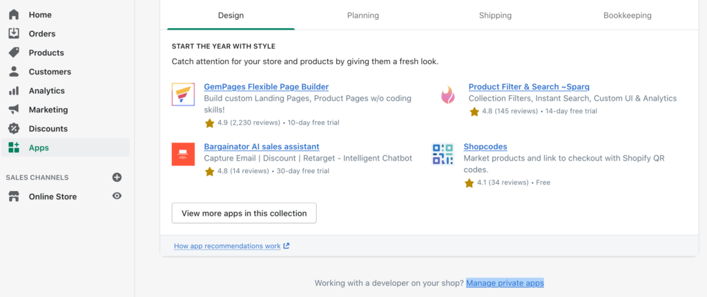 Manage private apps at the bottom of the Shopify Apps sections