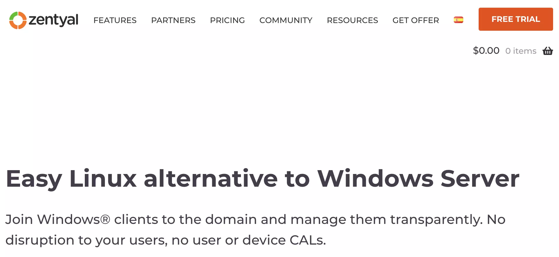 Начална страница на Zentyal с подстраници и информация