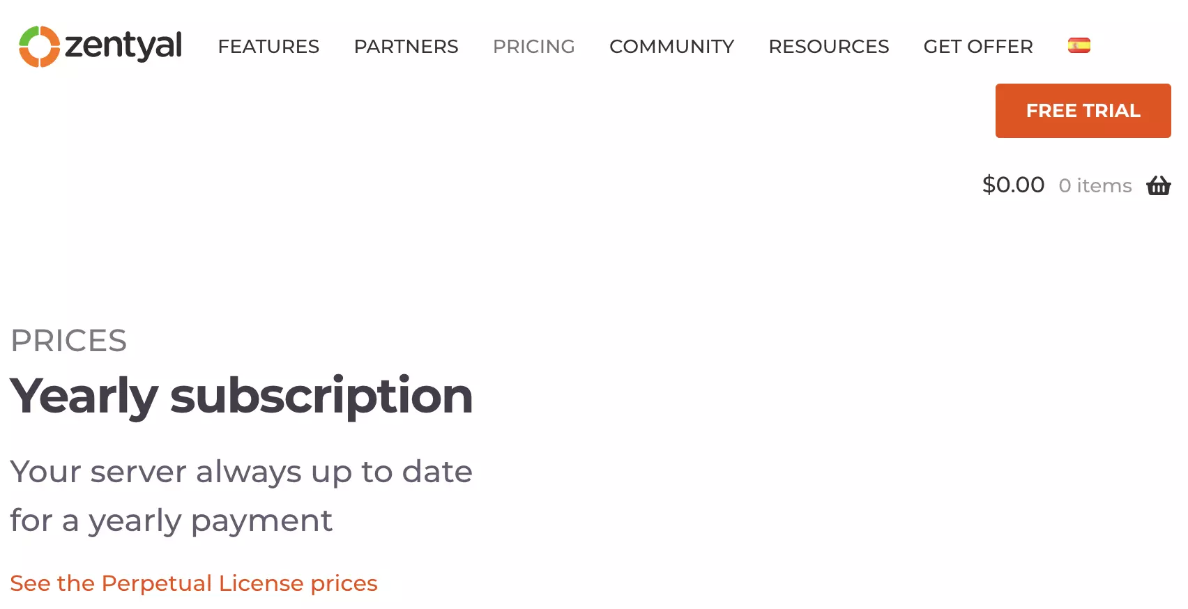 Раздел с платни планове на Zentyal на уебсайта на Zentyal