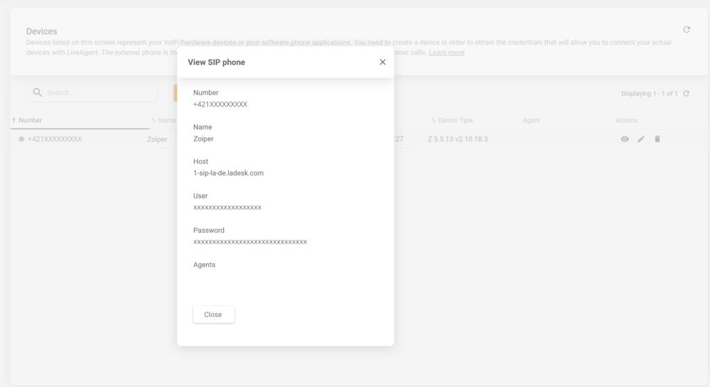 Снимка, показваща къде да намерите детайлите на SIP устройството в LiveAgent