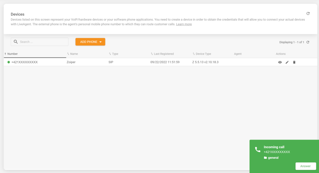 Снимка, показваща входящ разговор в успешно интегриран Zoiper софтфон с LiveAgent хелп деск софтуер