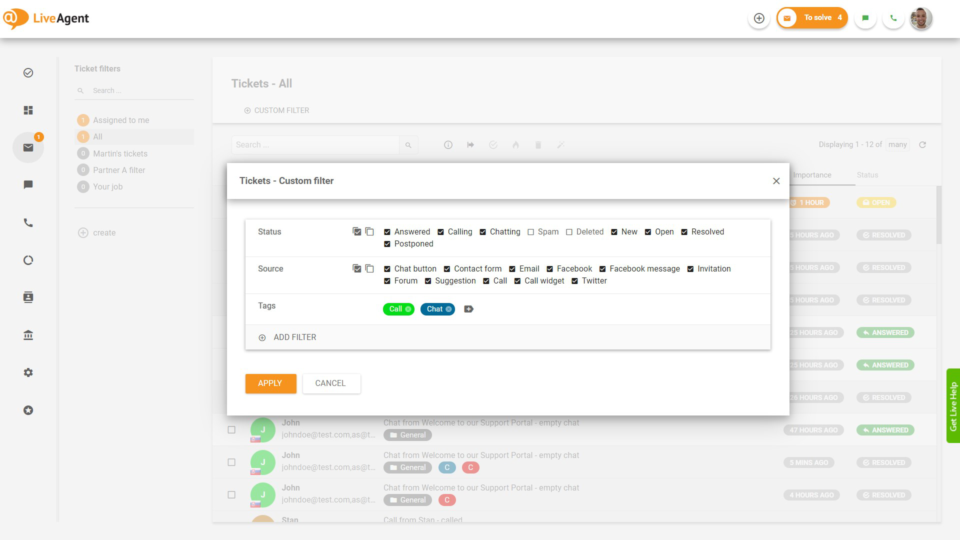 Функция за филтриране на билети по етикети в LiveAgent