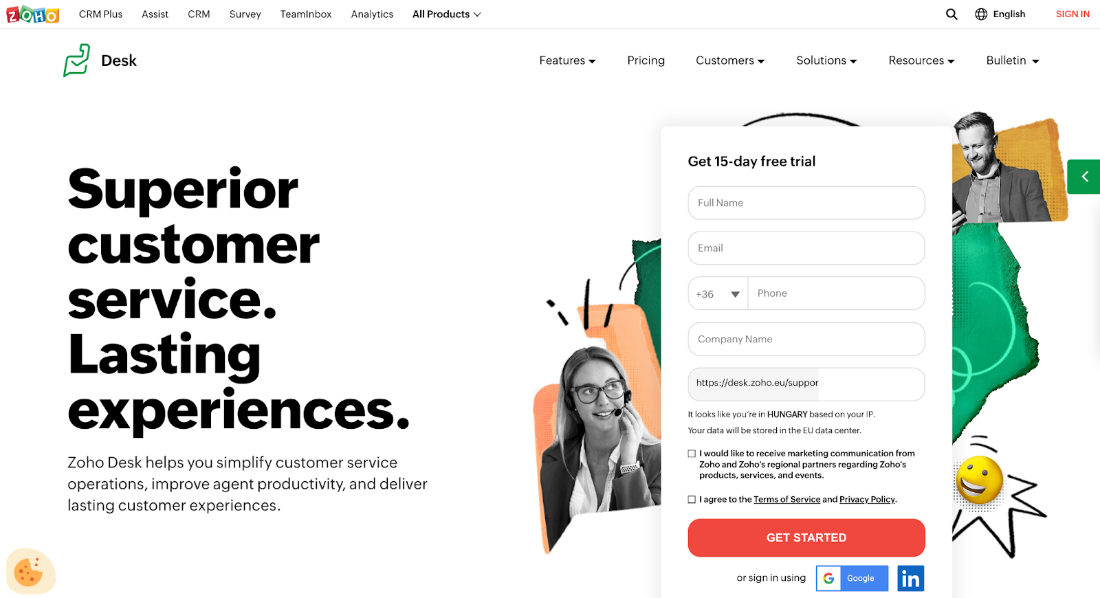 Начална страница на Zoho Desk ticketing system