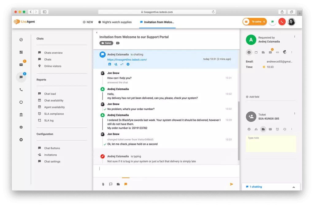 Преглед на интерфейса за живо чат в LiveAgent.