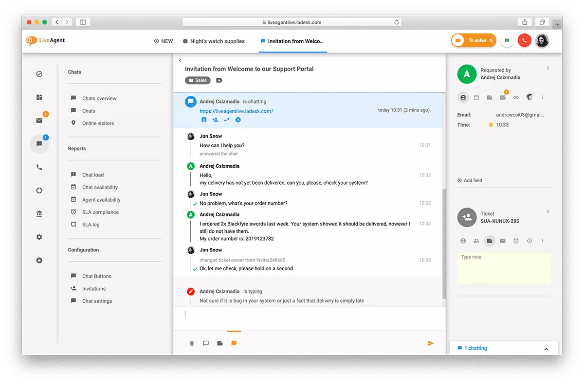 Преглед на интерфейса за живо чат в LiveAgent.