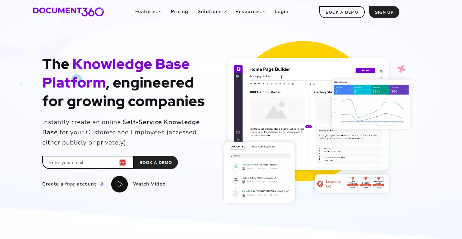 Снимка на начална страница на Document360, фокусирана върху ключови функции
