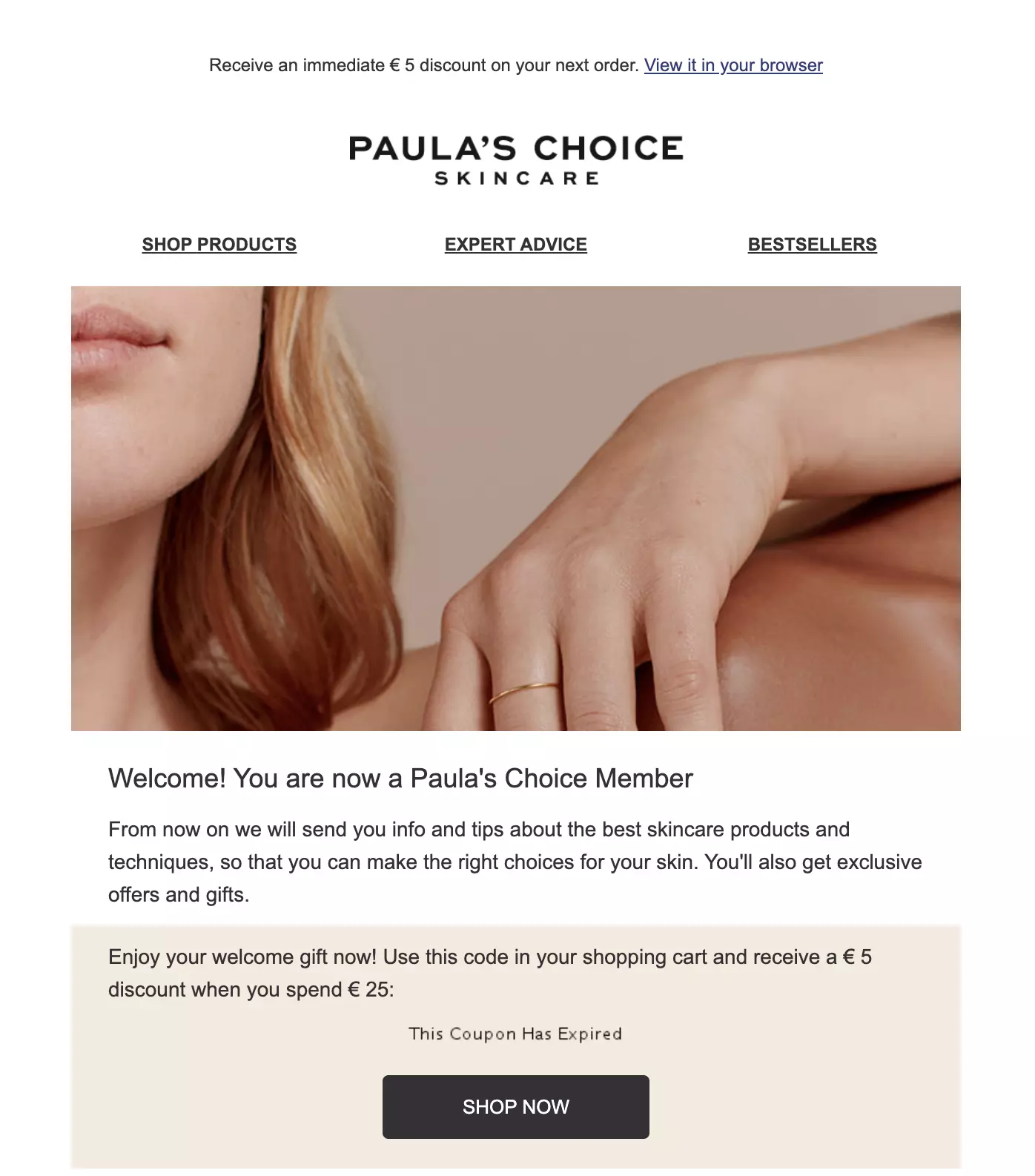 Шаблон за приветствен имейл на Paula's Choice