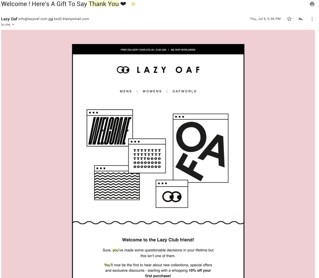 Lazy Oaf шаблон за имейл за благодарност към клиент