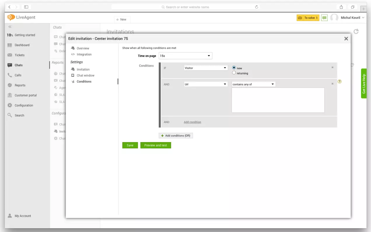 Настройки на LiveAgent, показващи как да зададеш тригери за проактивен чат