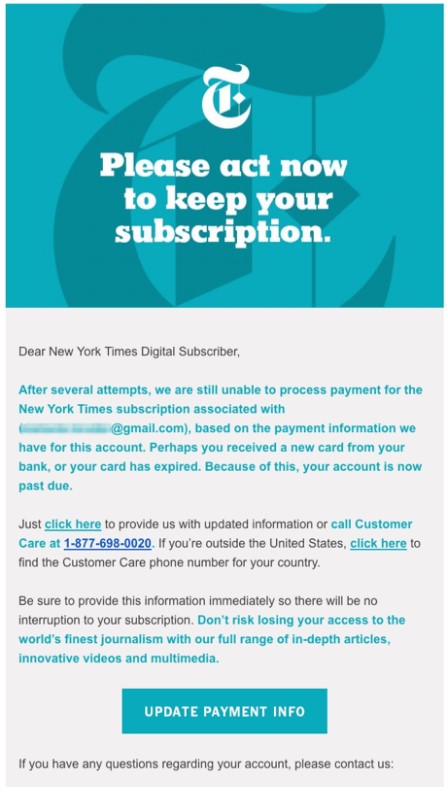 Пример за дънинг имейл на New York Times