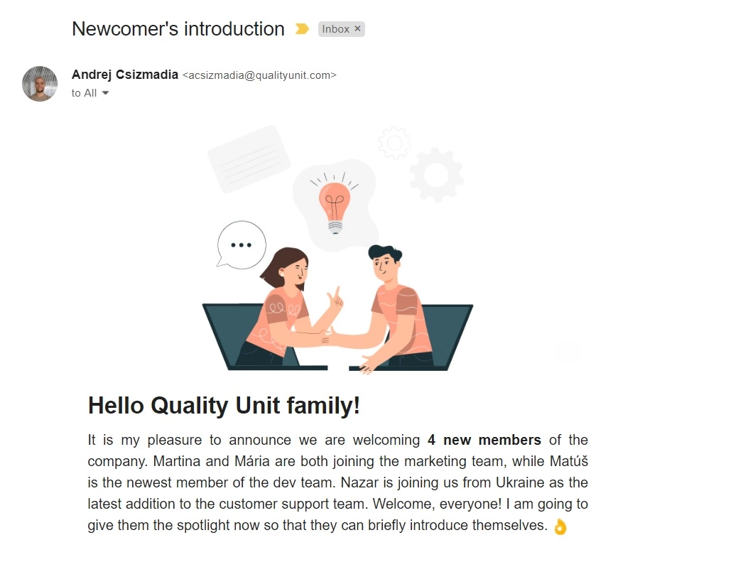 Писмо за представяне на новодошъл от Quality Unit