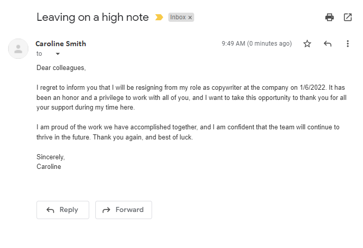 Пример на имейл за оставка