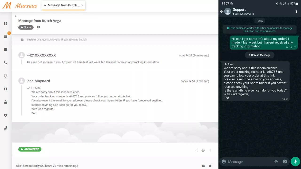 WhatsApp съобщение показано като билет в LiveAgent