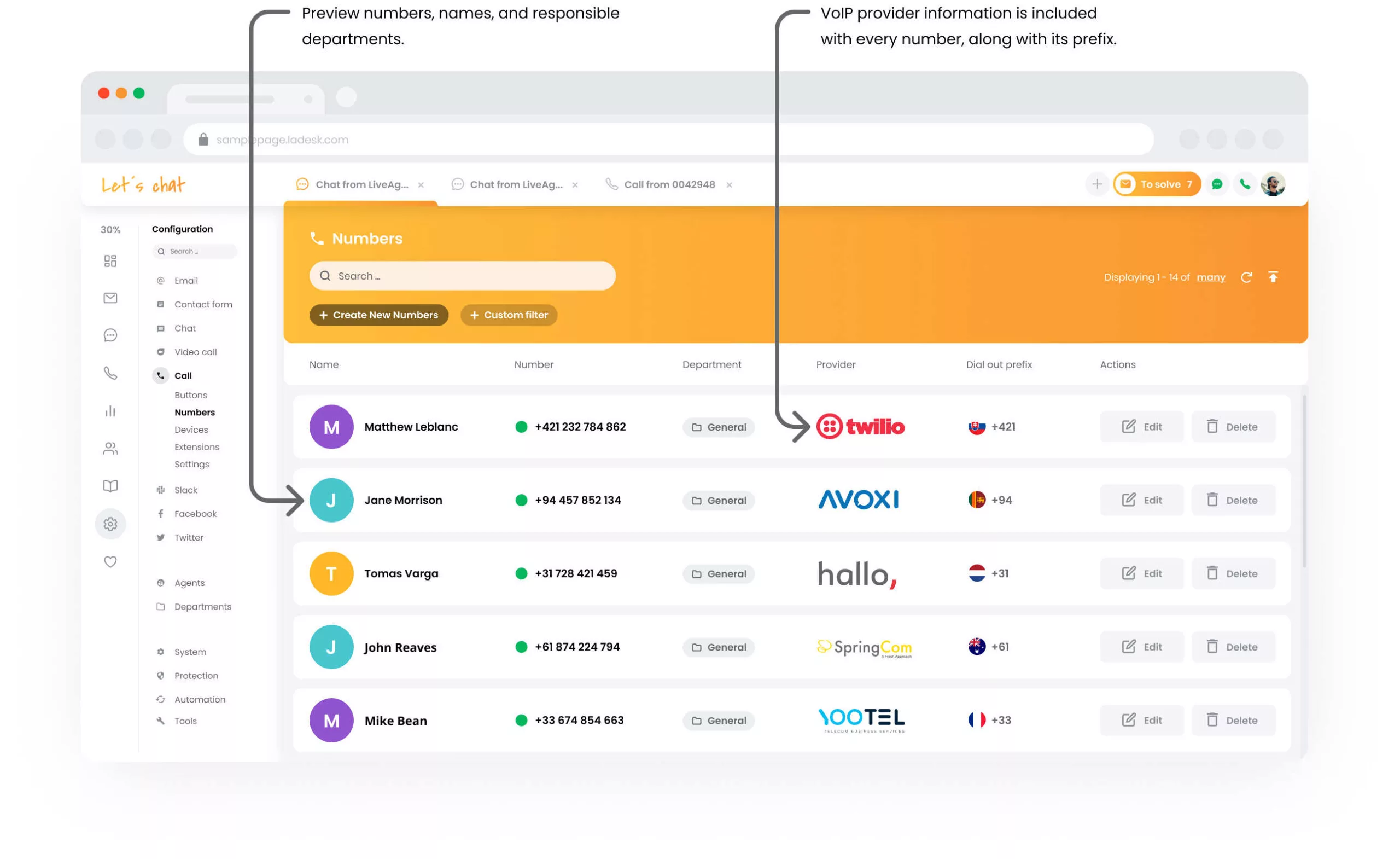 Настройка на номера на кол център на LiveAgent