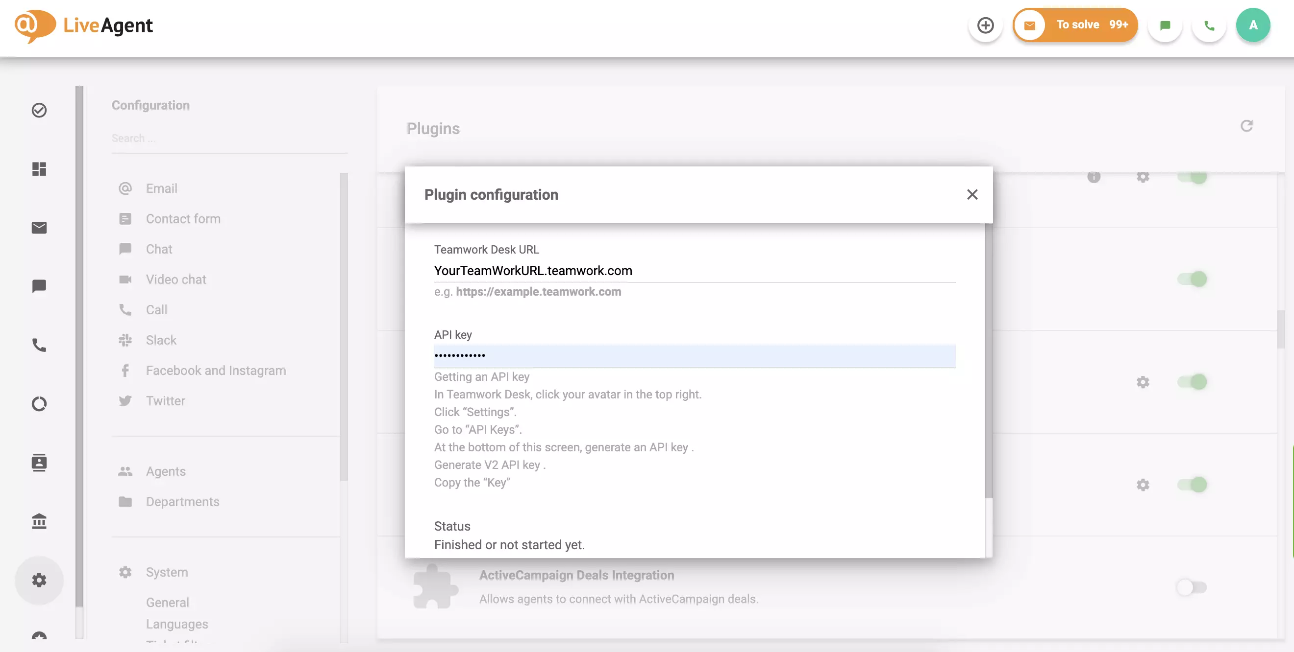Попълнете вашия URL на Teamwork Desk и API, след това щракнете Запазване.