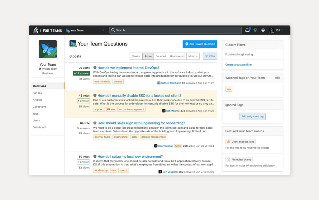 Snapshot of a Knowledge base tool example from Stack Overflow for Teams