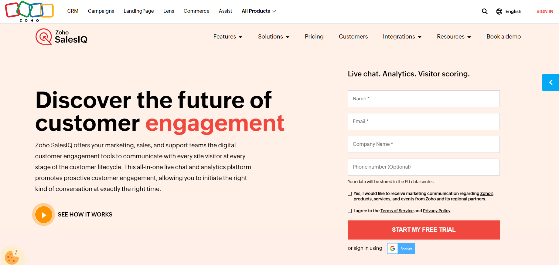 Начална страница на Zoho SalesIQ - софтуер за живо чат за електронна търговия, фокусиран на ангажиране на клиентите